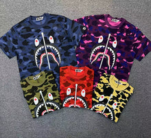 Load image into Gallery viewer, BAPE Classic Ape Camouflage Shark Size Print High Cotton Linen Short T-Shirt Loose Large Size Men's and Women's Half Sleeve Shirt
