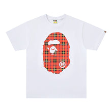 Load image into Gallery viewer, BAPE Classic Ape Man Double sided Red and Blue Large Plaid Letter Pattern Loose Large Seamless Cylinder Pure Cotton Linen Short sleeved T-shirt