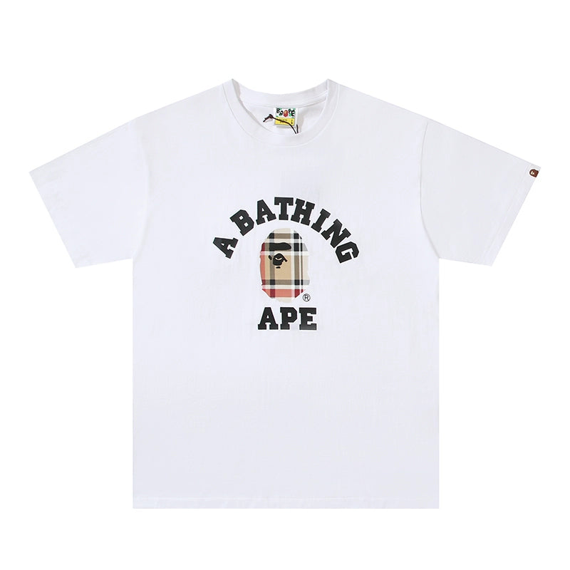 BAPE classic ape-man brown striped plaid monkey printed cotton linen loose large size Joker couple short sleeve T-shirt