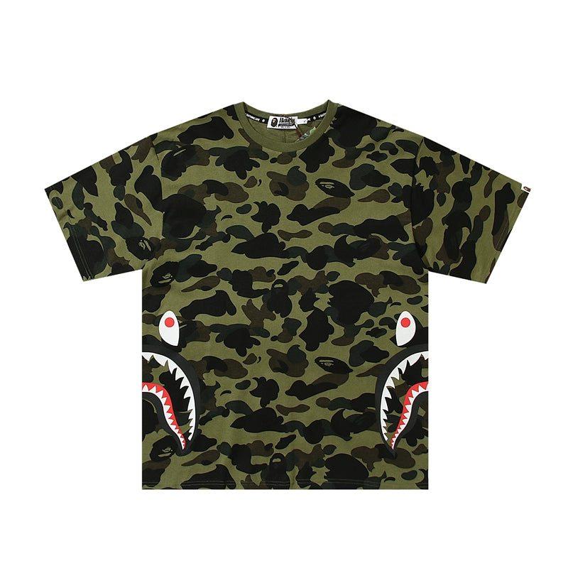 BAPE Classic Ape Man High Quality Shark Head Printed Short T Men's Cylinder Seamless Pure Cotton Ma Green Camo Beach Half sleeved Shirt