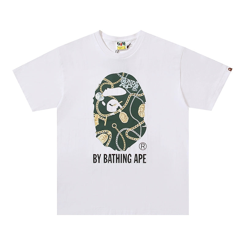 BAPE Classic Ape Man Pure Cotton Hemp Spring/Summer New Gold Chain Pendant Print Versatile Short sleeved T-shirt Top for Men and Women Couples