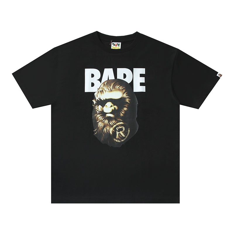 BAPE classic ape-man bronze 3D stereo hair printing seamless cylinder cartoon cotton linen short sleeve T-shirt for men and women.