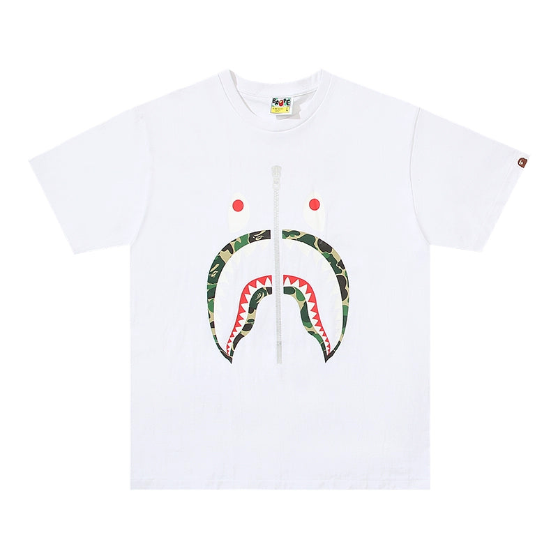 BAPE classic ape-man star with pure cotton linen camouflage zipper shark head loose large size short-sleeved T-shirt men and women street brand.