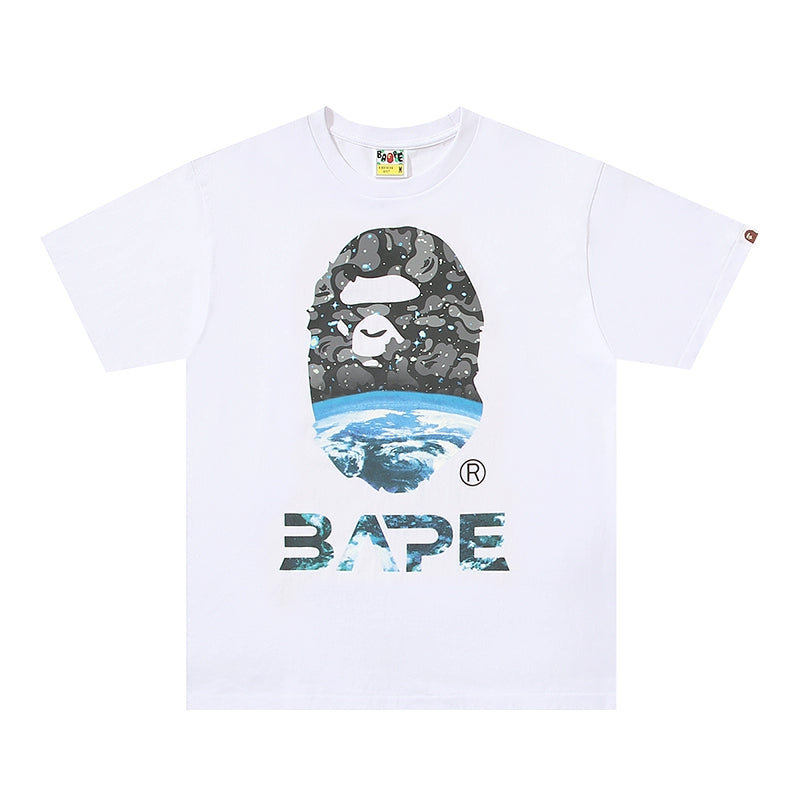 BAPE Classic Ape Man Pure Cotton Linen Starry Sky embellishment Earth Monkey Print Loose and Versatile Short sleeved T-shirt for Men and Women Couples