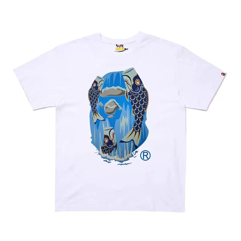 BAPE Classic Ape Man Japanese Fashion Brand Spring/Summer New Carp Flag Waterfall Cartoon Loose Size Short sleeved T-shirt for Men and Women