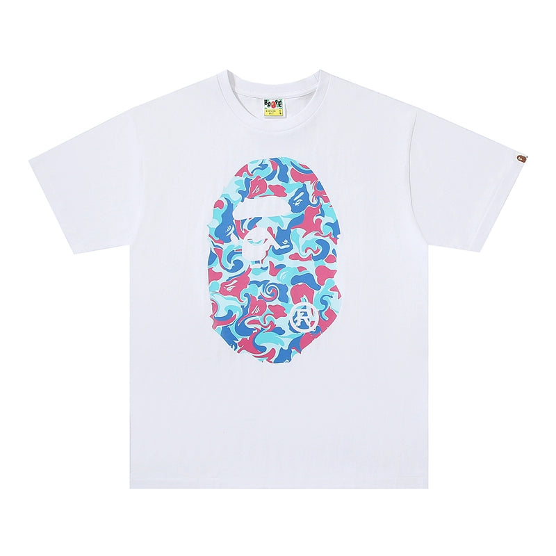BAPE classic ape-man Japanese fashion brand spring and summer new marbled camouflage double-sided printed cotton linen short-sleeved T-shirt