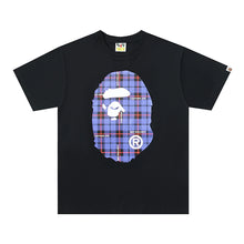 Load image into Gallery viewer, BAPE Classic Ape Man Double sided Red and Blue Large Plaid Letter Pattern Loose Large Seamless Cylinder Pure Cotton Linen Short sleeved T-shirt
