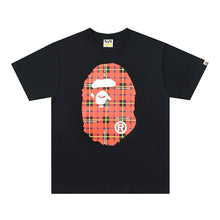 Load image into Gallery viewer, BAPE Classic Ape Man Double sided Red and Blue Large Plaid Letter Pattern Loose Large Seamless Cylinder Pure Cotton Linen Short sleeved T-shirt
