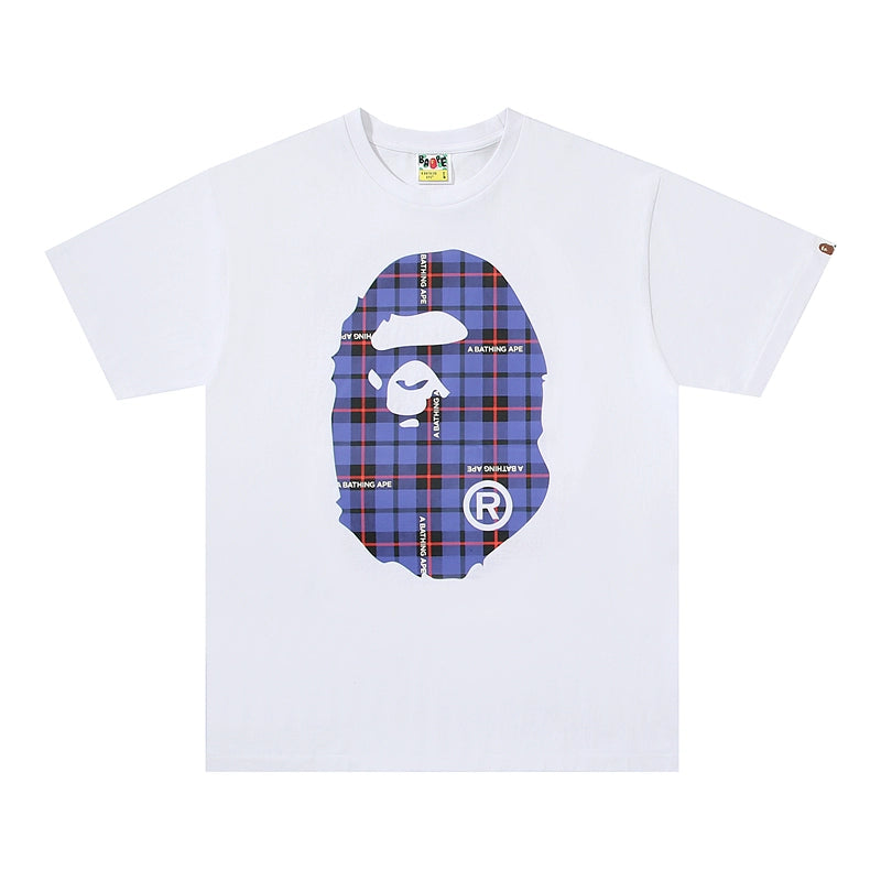 BAPE Classic Ape Man Double sided Red and Blue Large Plaid Letter Pattern Loose Large Seamless Cylinder Pure Cotton Linen Short sleeved T-shirt