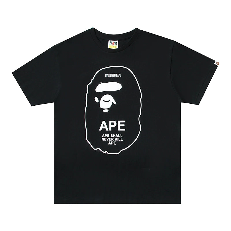 BAPE Classic Ape Man Black and White Line Hollow LOGO Printed Seamless Cylinder Pure Cotton and Hemp Short sleeved T-shirt for Men and Women Couples