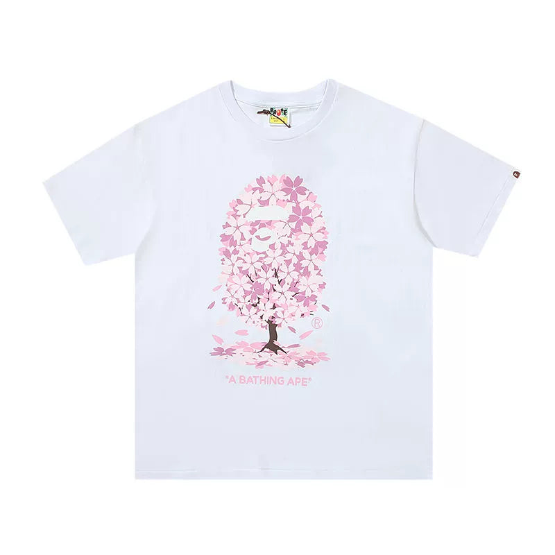 BAPE Classic Ape Limited Edition Mount Fuji Pink Cherry Blossom Seamless Cylinder Short T-shirt Men's and Women's Cotton Hemp Half Sleeve Shirt