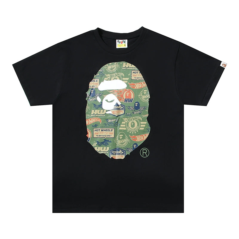 BAPE Classic Ape Man Seamless Cylinder Pure Cotton and Hemp Graffiti Racing Co branded Loose Large Size Men's and Women's Couple Short Sleeve T-shirt