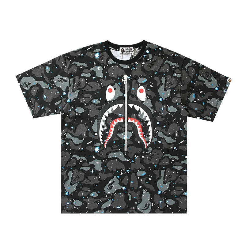 BAPE Classic Ape Man High Edition Custom Starry Sky Luminous Shark Head Seamless Cylinder Cotton Linen Couple Short Sleeve T-Shirt Men