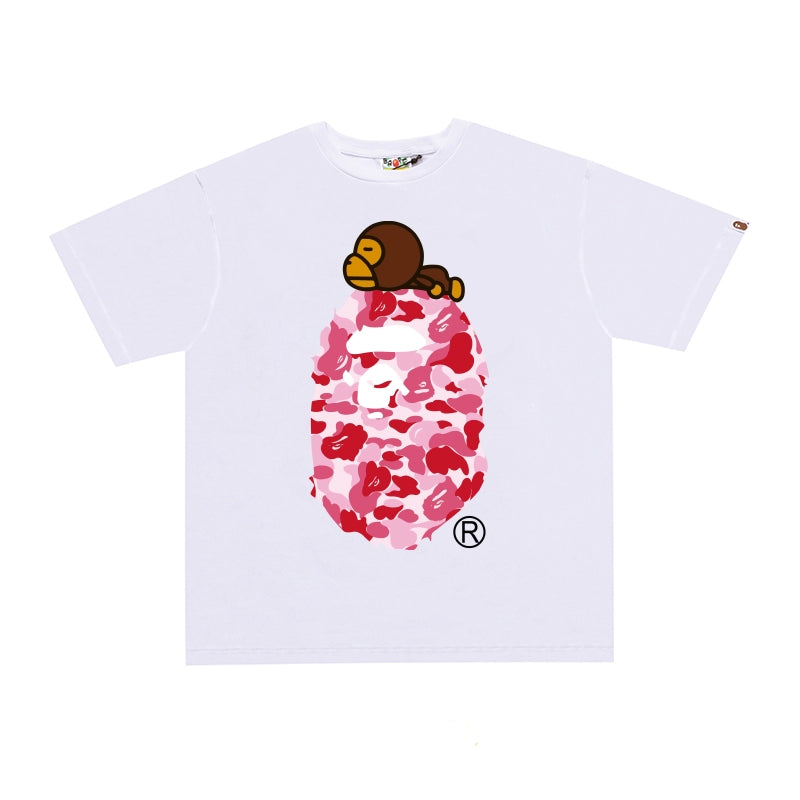 BAPE classic ape-man summer new lazy monkey cartoon printed short sleeve T-shirt couple loose Joker tops for men and women.