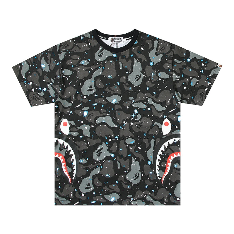 BAPE Classic Ape Japanese Hip Hop Side Star Shark Head Unisex Cotton and Linen Loose Large Size Short Sleeve T-Shirt